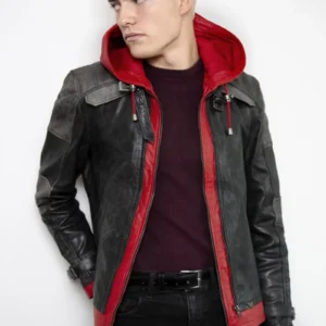 Classic Men’s Red Hooded Leather Jacket