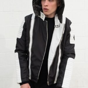 Black & White Hybrid Leather Jacket Parka – Assassin’s Creed Style for Men
