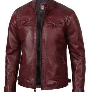 Men’s Burgundy Waxed Quilted Leather Biker Fashion Jacket