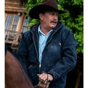 John Dutton Yellowstone Kevin Costner hooded denim jacket ranch style Western TV series