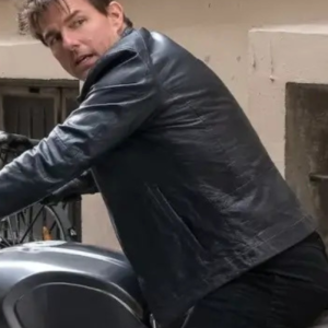Tom Cruise Ethan Hunt black jacket from Mission: Impossible – Dead Reckoning Part One sleek action movie outfit.