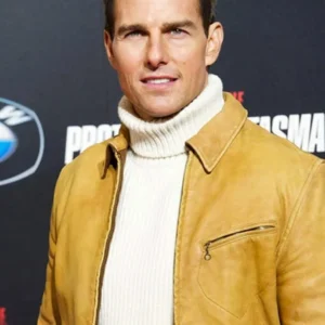 Beige brown leather jacket inspired by Tom Cruise Mission Impossible 4 premiere look