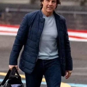 Blue puffer jacket inspired by Tom Cruise Mission Impossible 8 action movie look